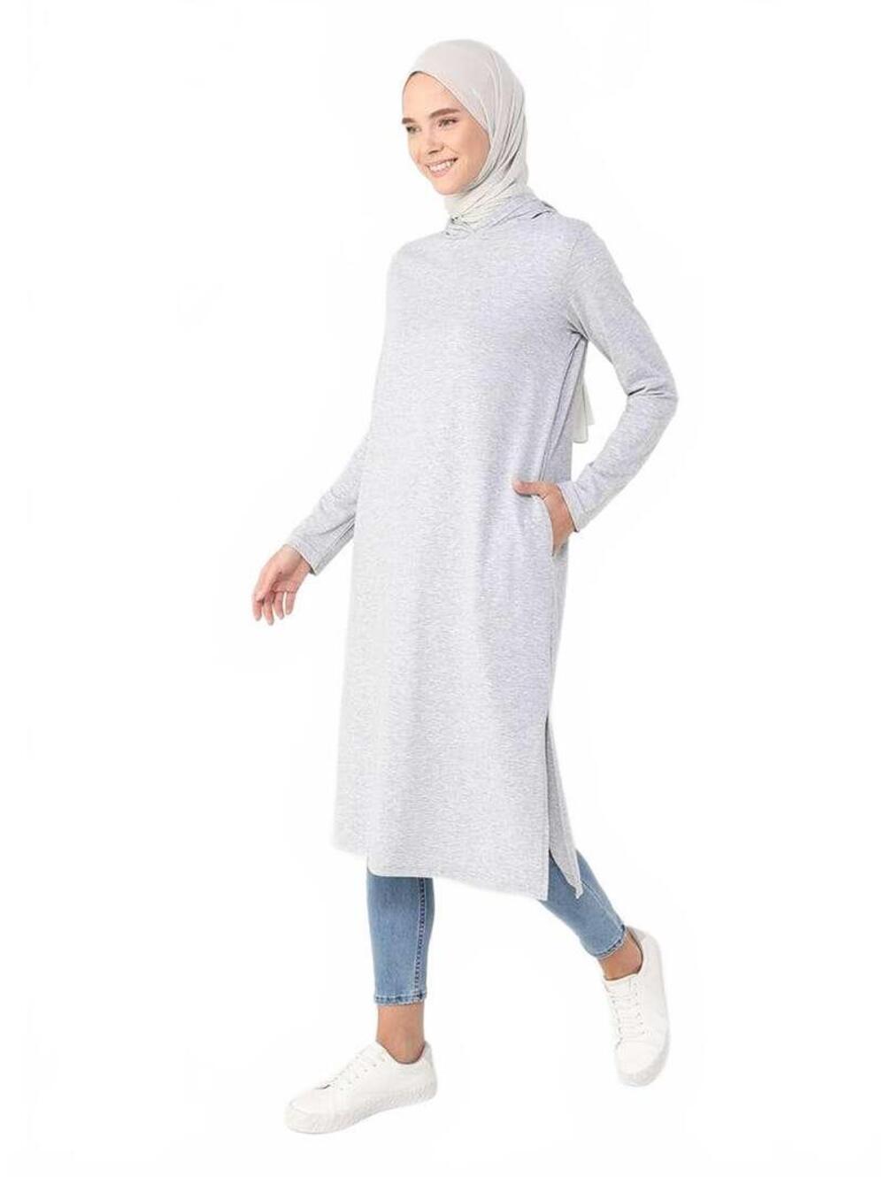 Light Gray Long Sleeve Hooded Tunic with Side Slits & Pocket